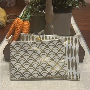 Boston International Gold and White Patterned Pouch bling bag set oval & fan